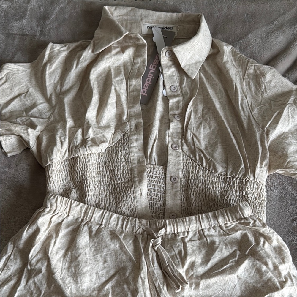 Missguided Beige Button-Up Top and Pants Set